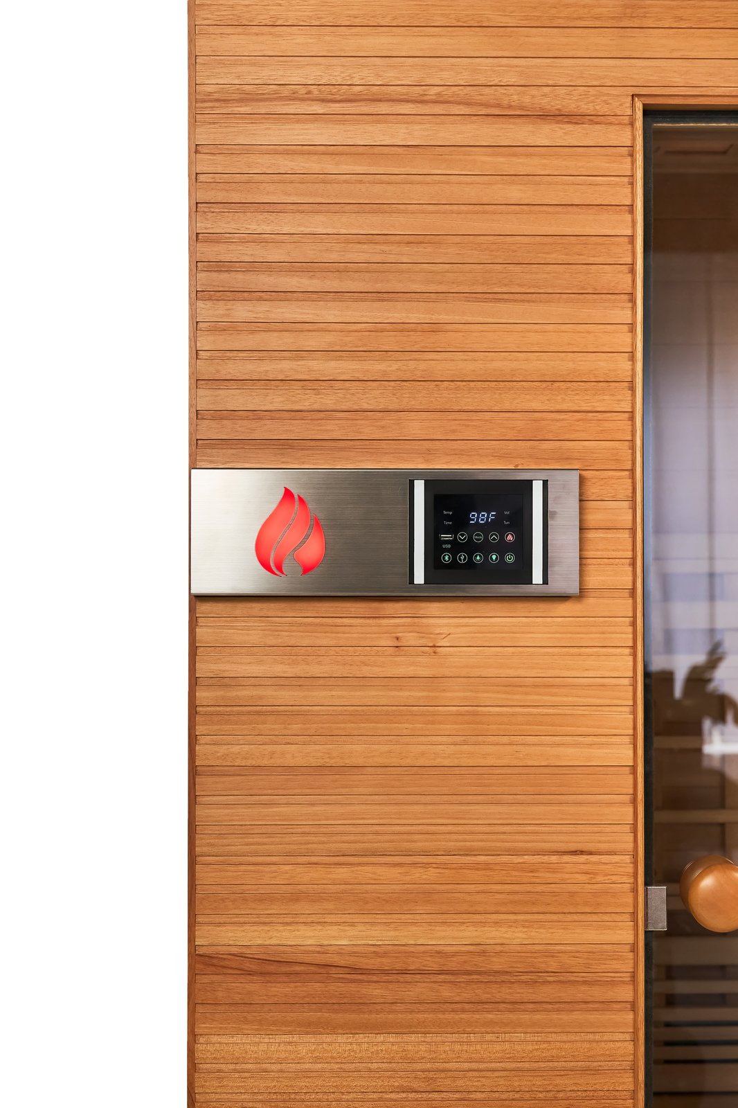 Health Mate digital control panel with flame logo on cedar wall