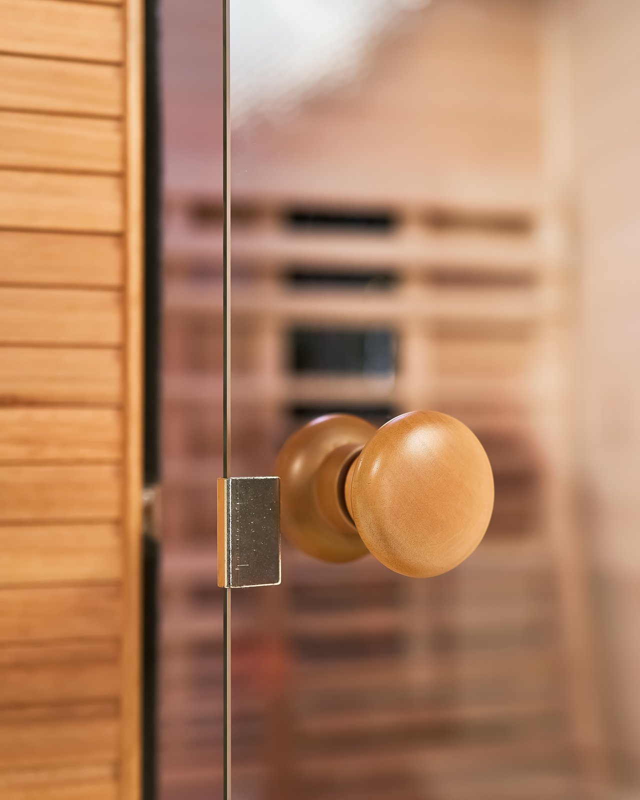 Detail of cedar construction and glass door with wooden handle