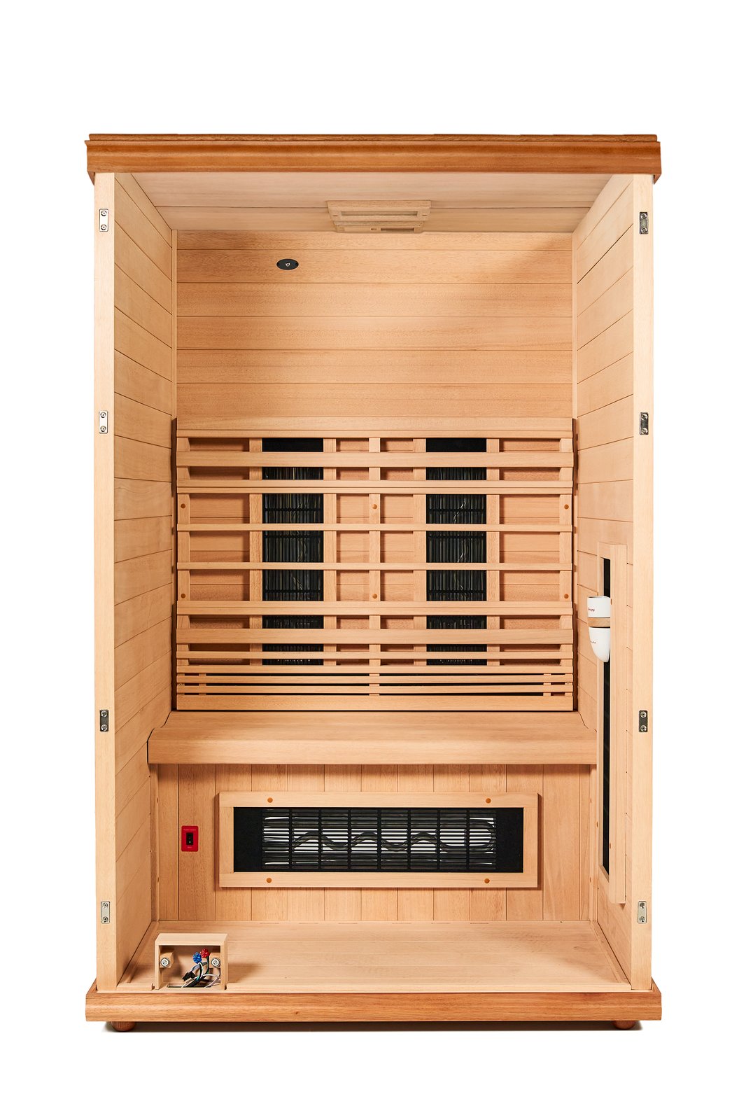 Interior view of Health Mate sauna showing carbon panel infrared heaters