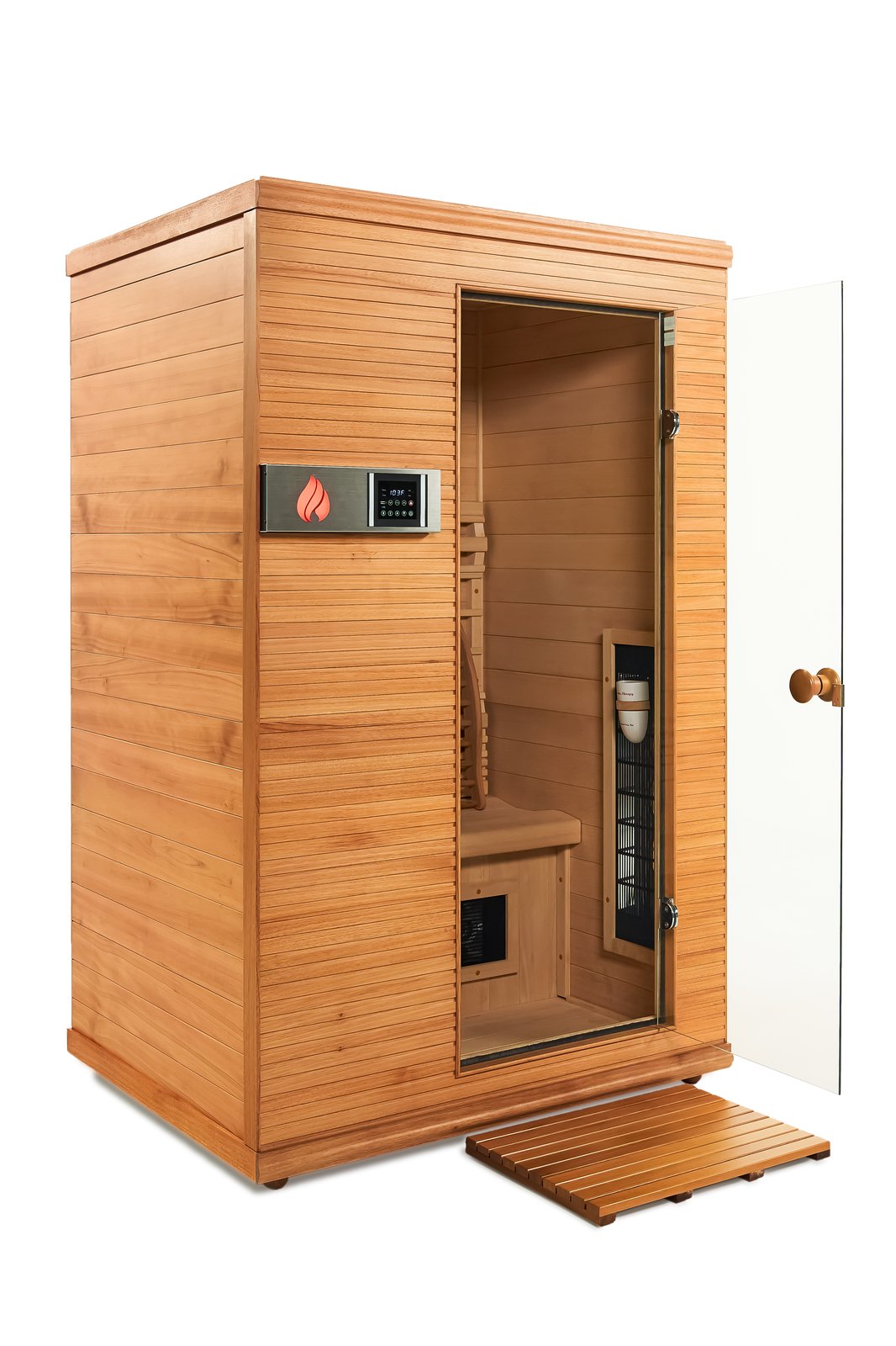 Health Mate Cedar Construction 2-person infrared sauna with door open